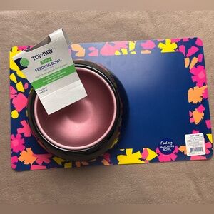 Lot of 2 Top Paw Feeding Bowl With Food Placemat Tilt Or Flat Pink Black Floral